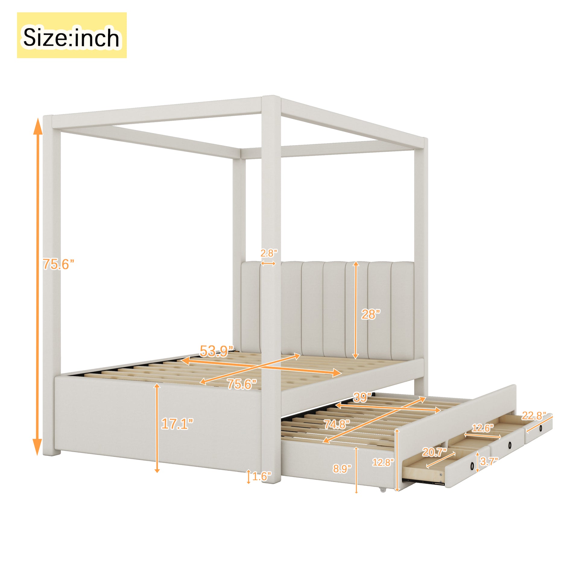 White upholstered canopy bed frame with pullout trundle and drawers