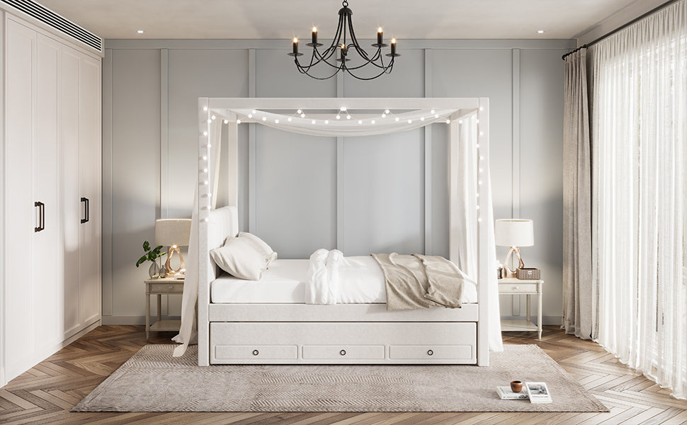 White upholstered canopy bed with integrated LED string lights