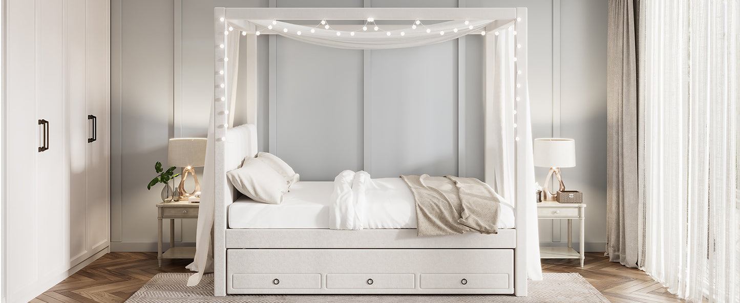 White canopy bed with drawers and fairy lights