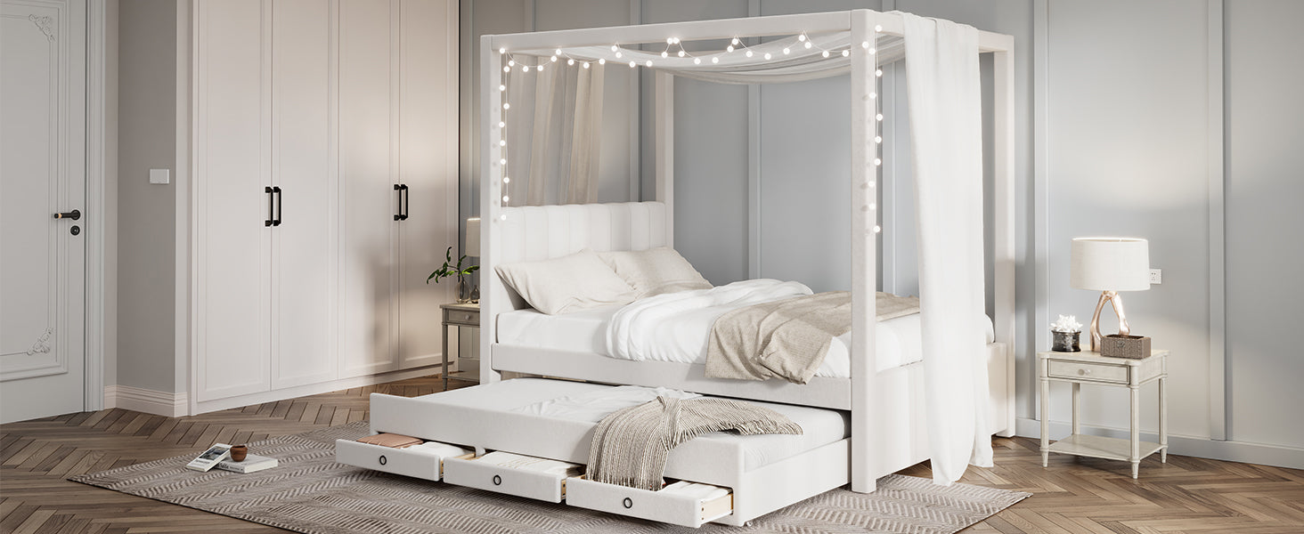 White canopy bed with pullout trundle and storage drawers