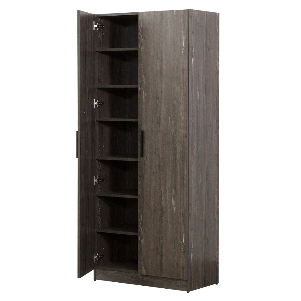 Tall dark wood storage cabinet with open doors and multiple shelves