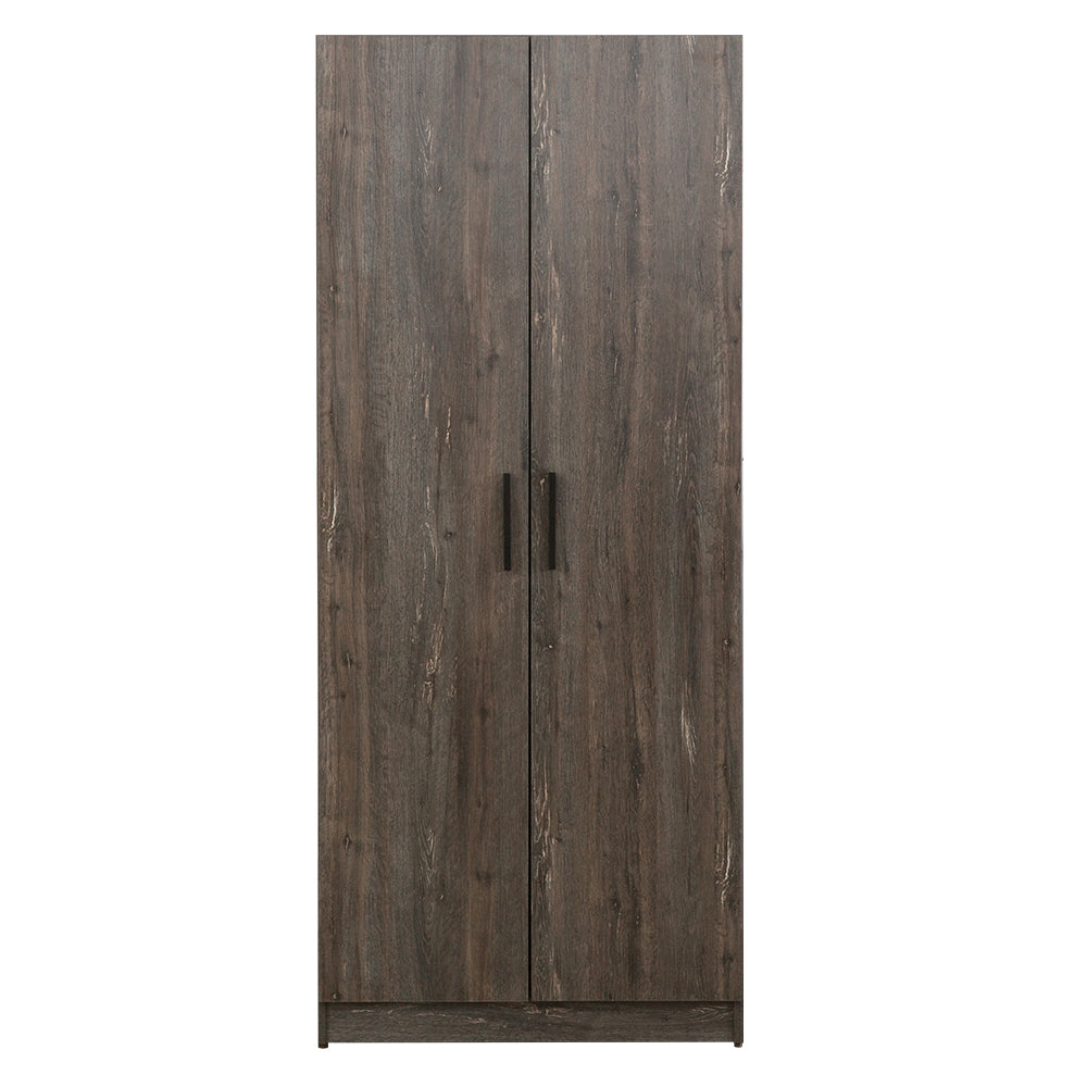 Dark wood double door wardrobe with black handles