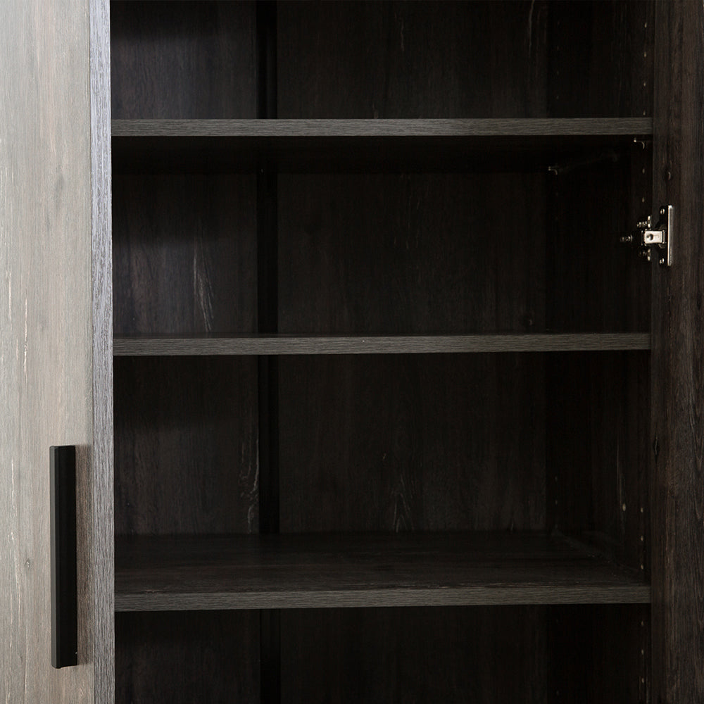 Dark wood bookshelf with open shelves and a black handle