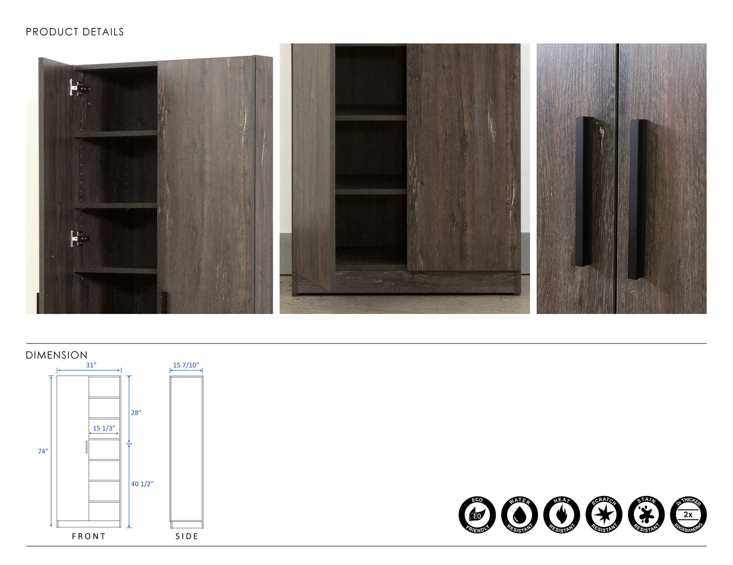 Dark wood storage cabinet with open door and shelves visible