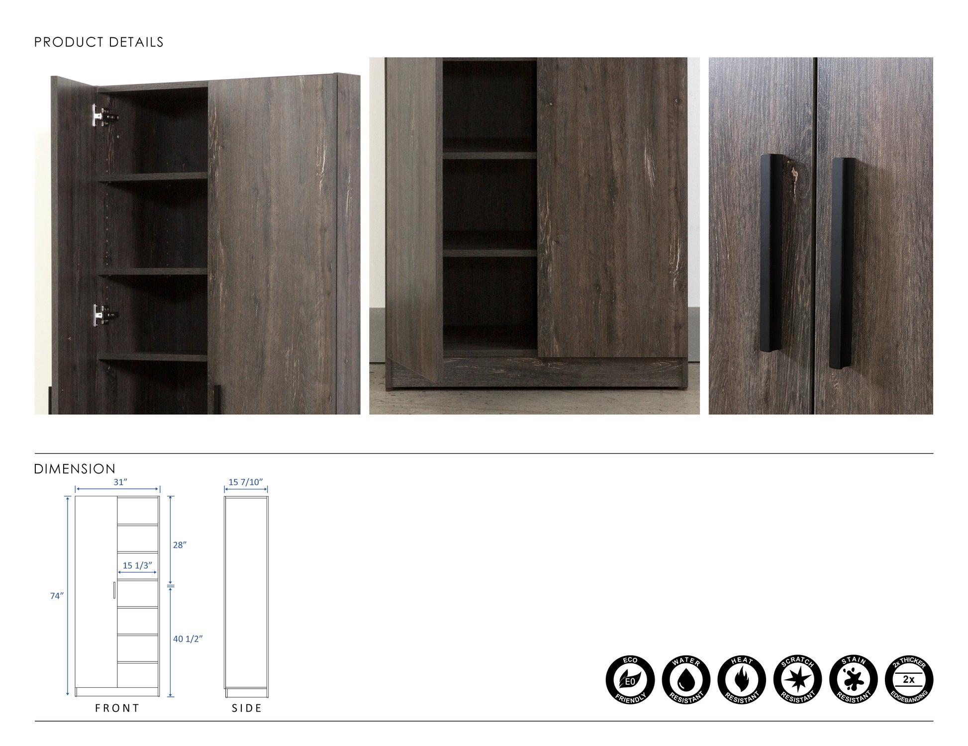 Dark wood storage cabinet with open door and shelves visible