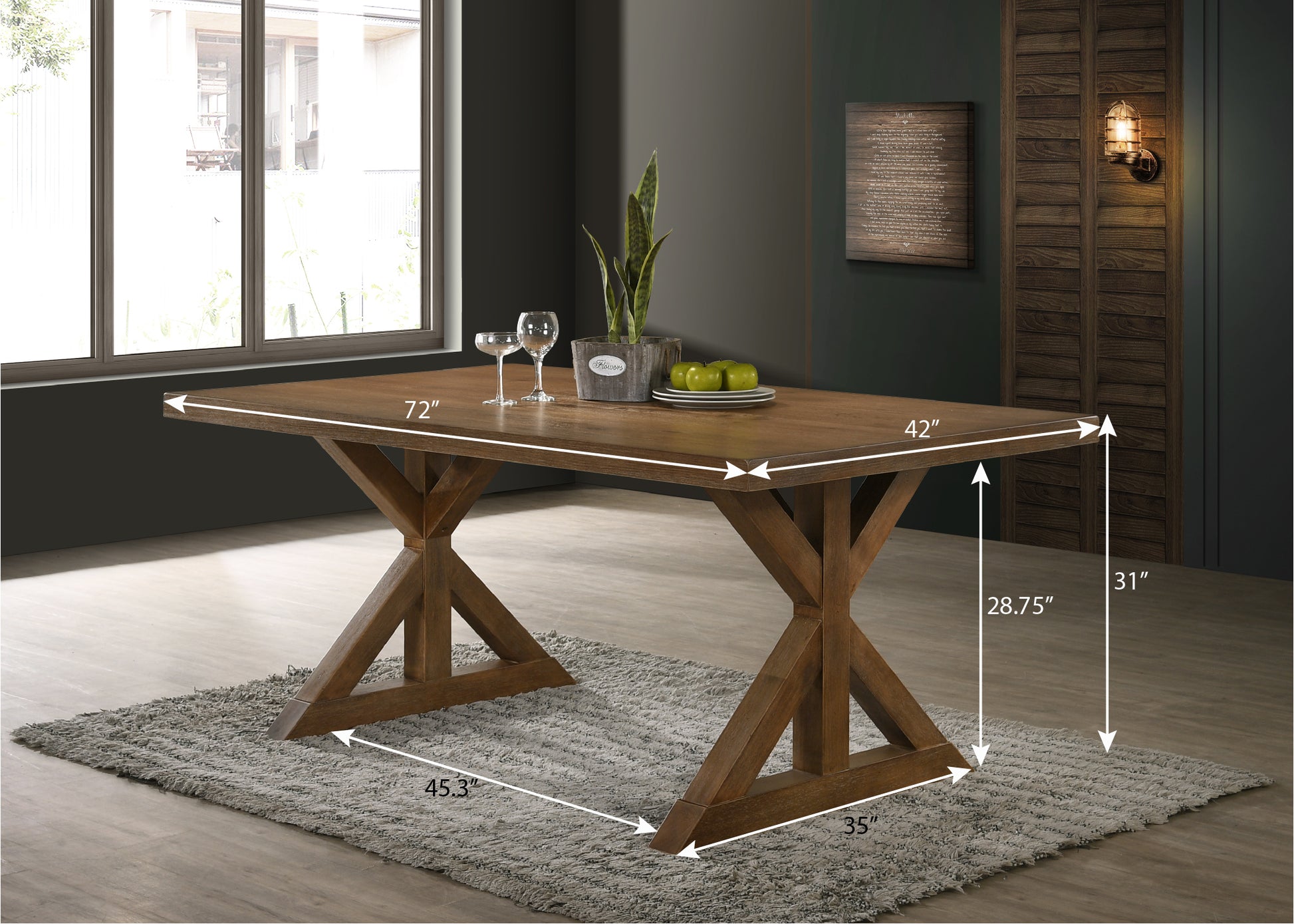 Rustic brown wood dining table with trestle base  inches long perfect for family meals