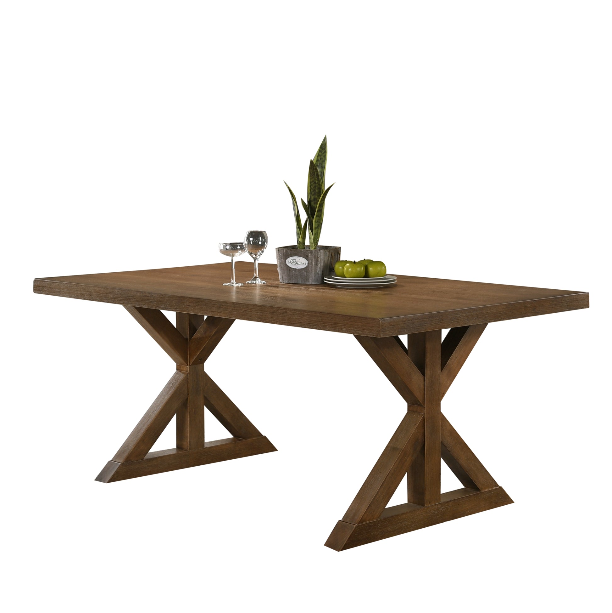 Rustic dark wood dining table with double Xleg base