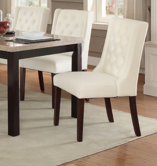 Elegant cream upholstered dining chair with diamond tufting and dark wood legs