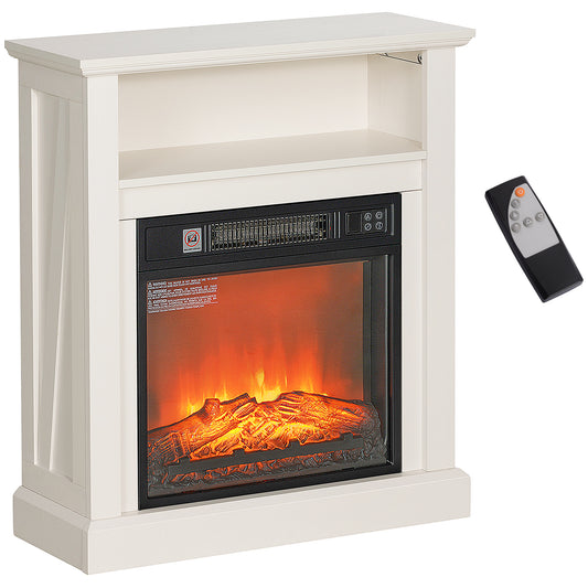 White electric fireplace with remote and open shelf