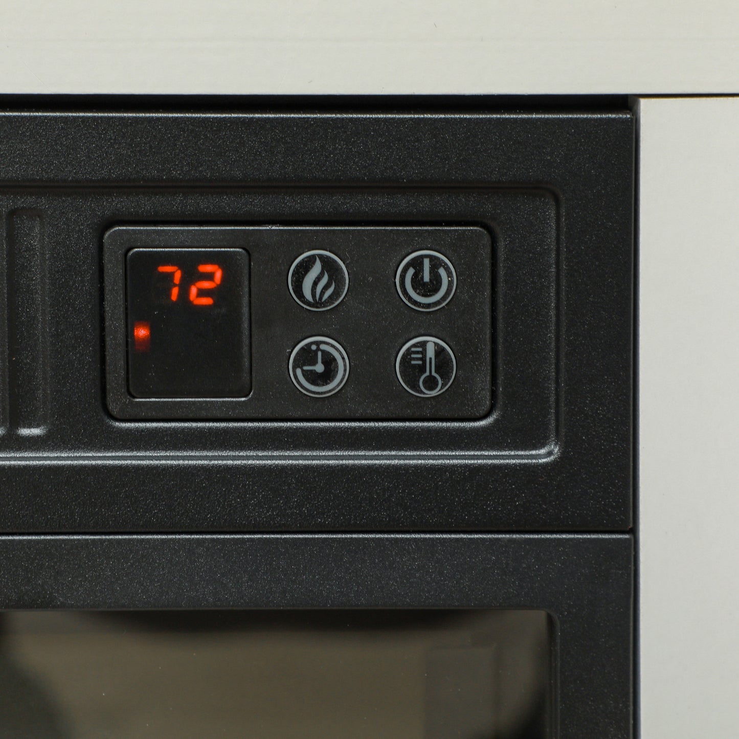 Digital fireplace control panel showing  degrees Fahrenheit
