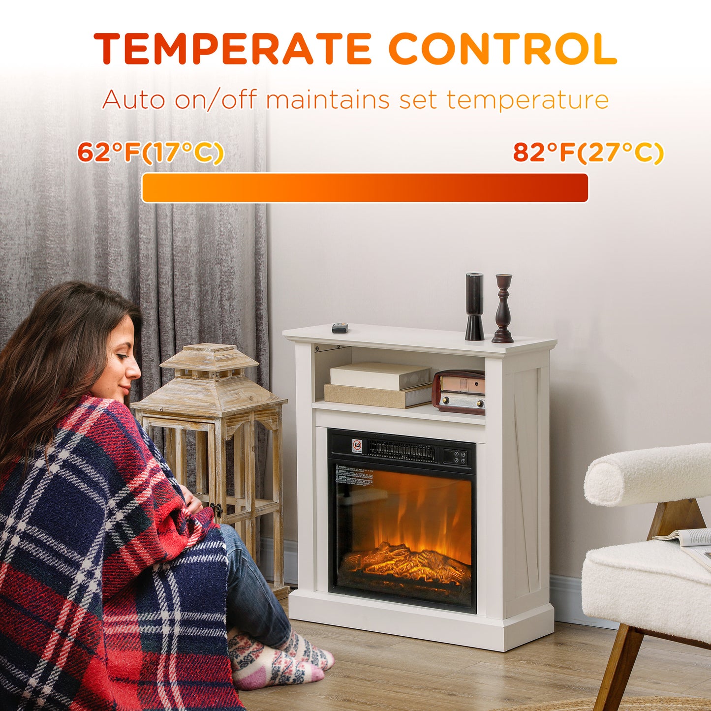 White electric fireplace with realistic flame effect