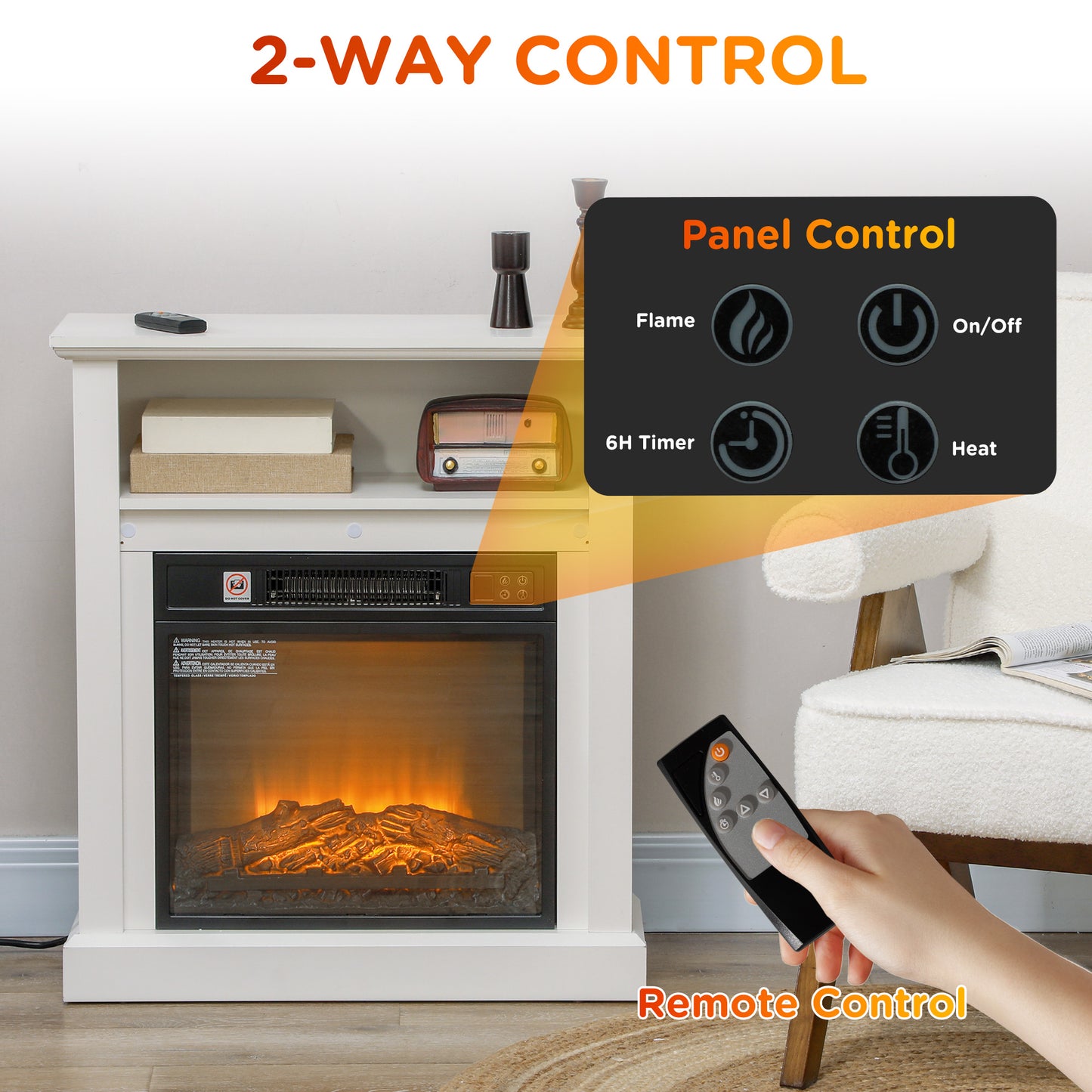 White electric fireplace with realistic flame effect and remote control options
