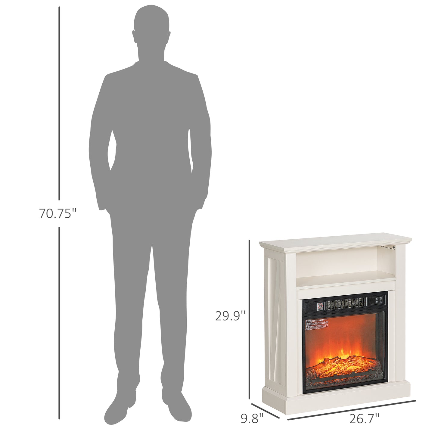 White electric fireplace with realistic flame effect