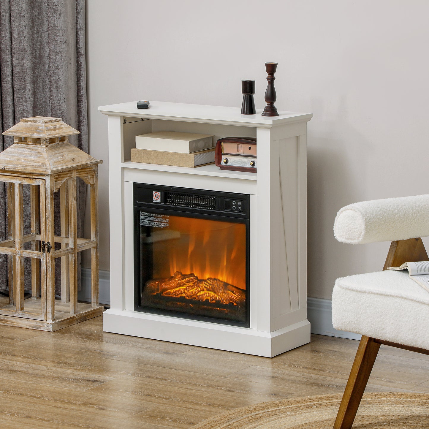 White electric fireplace entertainment center with realistic flame effect