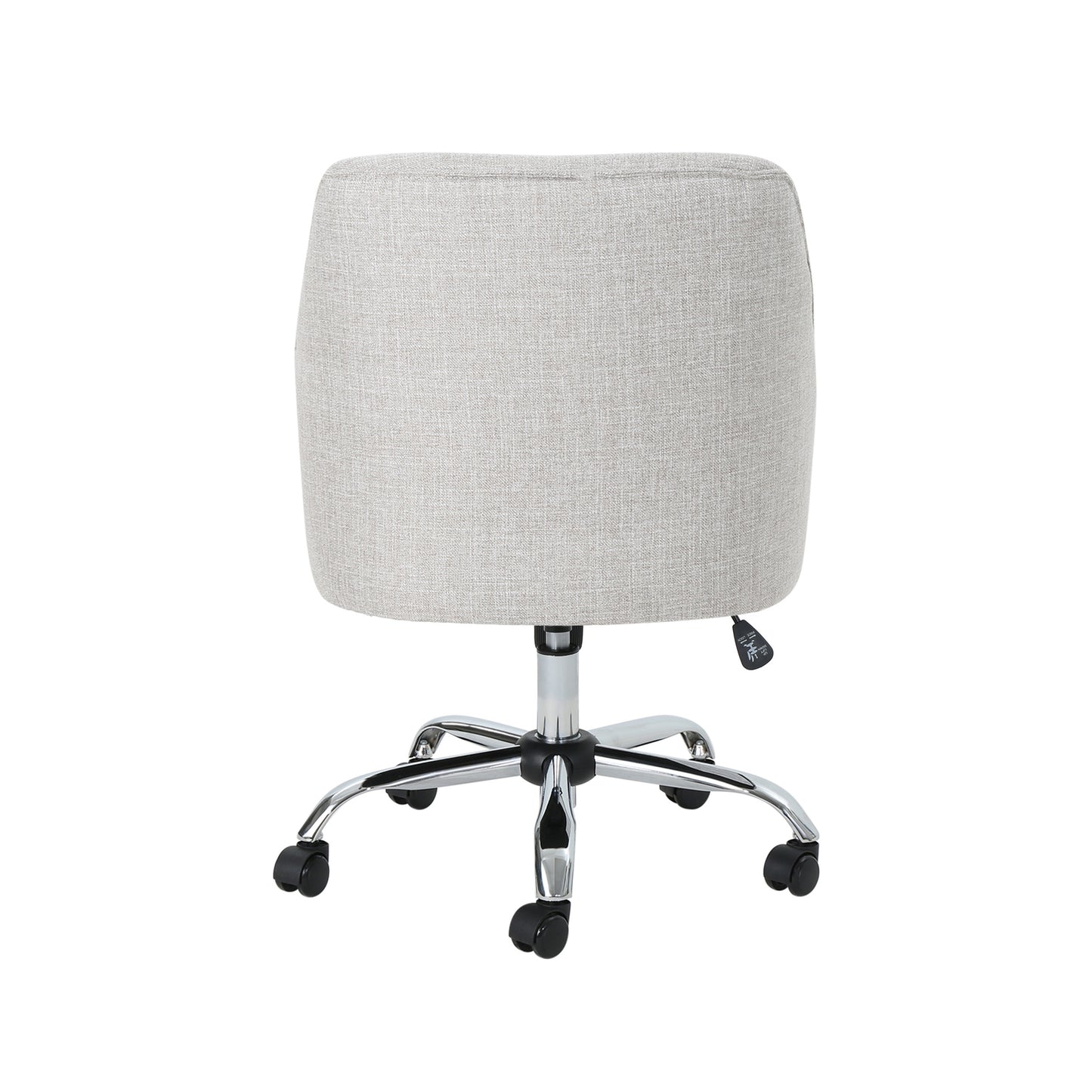 Light grey fabric office chair back view with chrome base and wheels