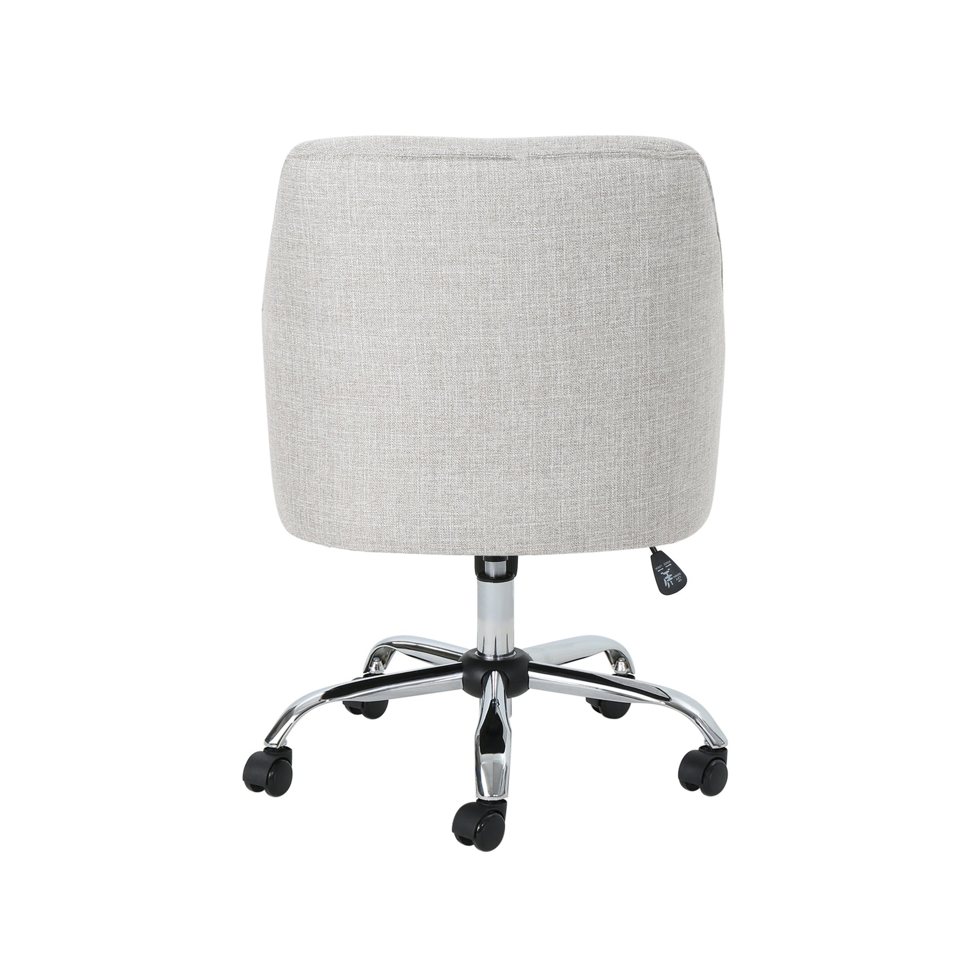 Light grey fabric office chair back view with chrome base and wheels