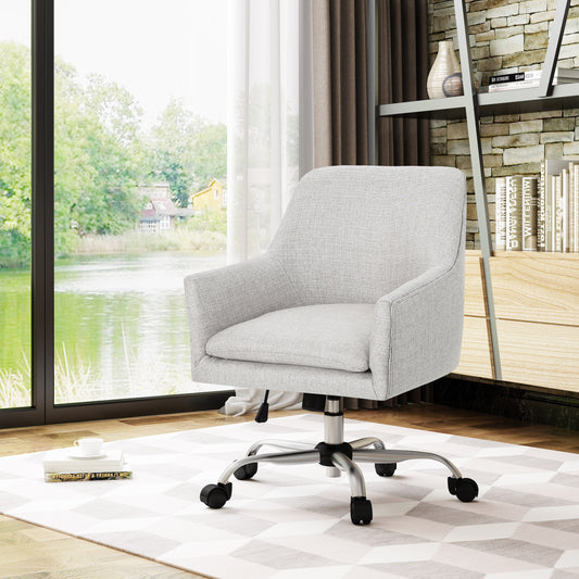 Light gray upholstered office chair with chrome base and wheels