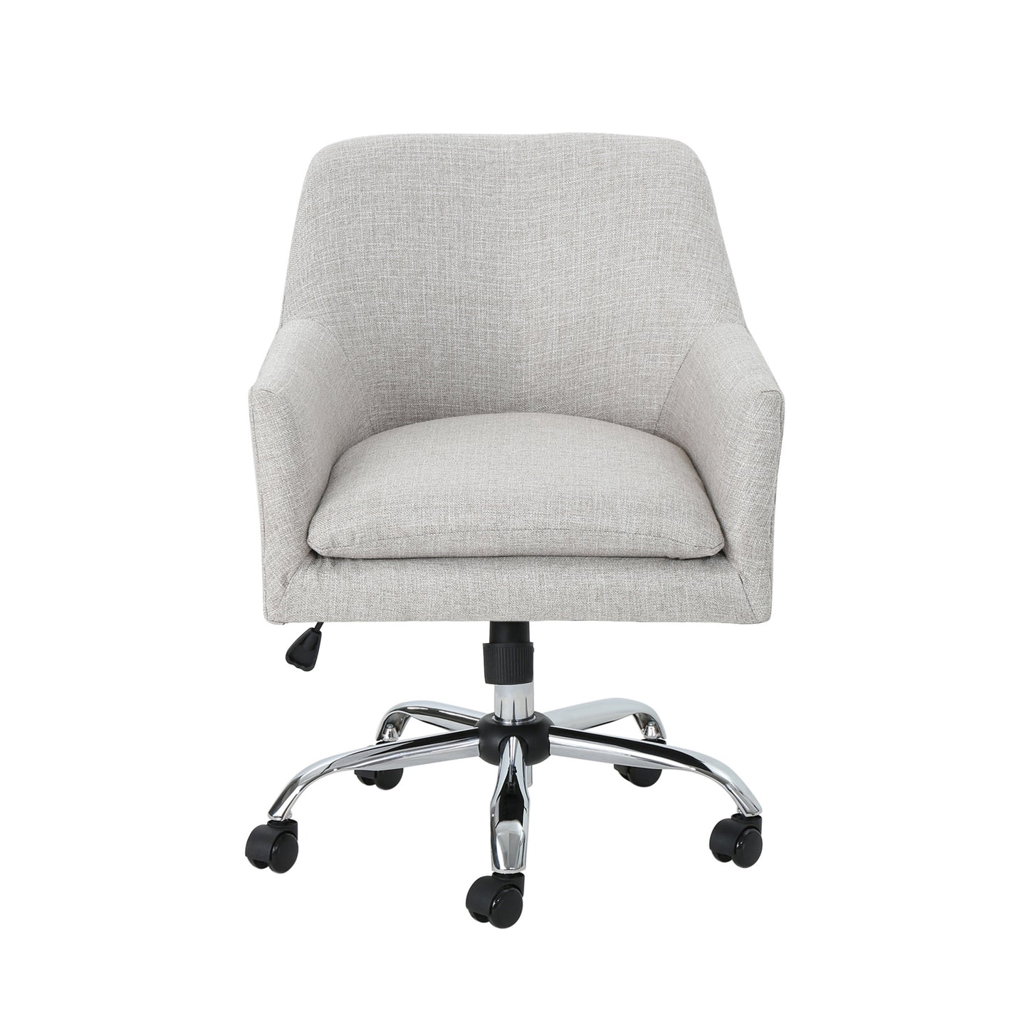 Gray fabric office chair with chrome fivestar base and casters