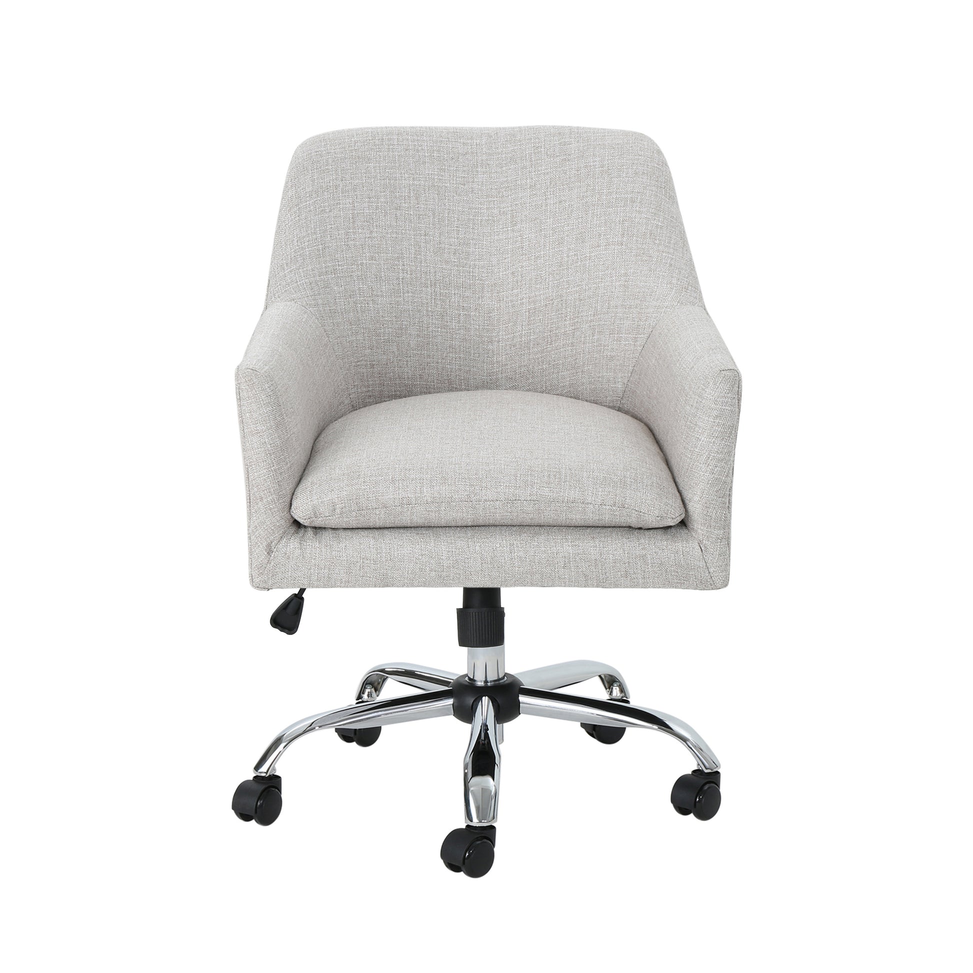 Gray fabric office chair with chrome fivestar base and casters