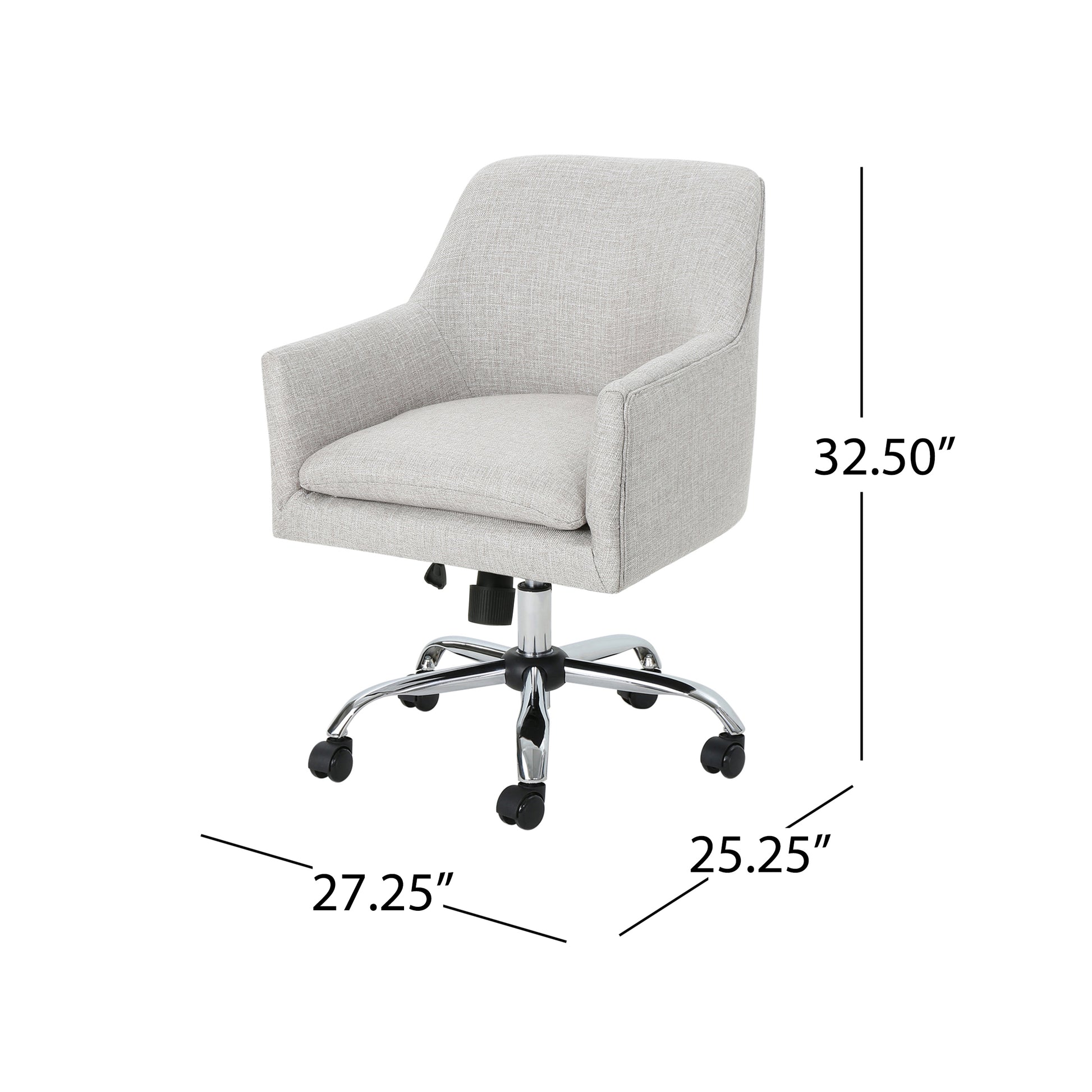 Light gray fabric office chair with chrome base and wheels