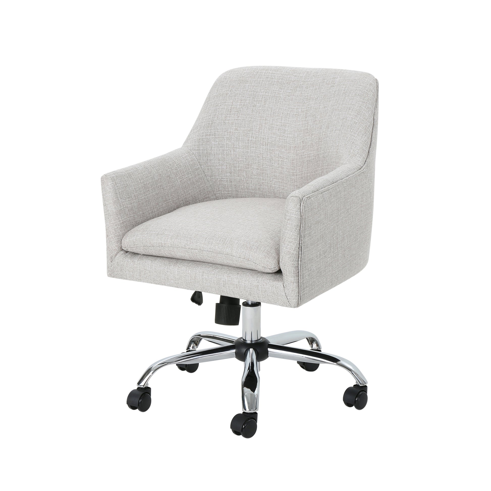 Light gray fabric desk chair with padded arms and chrome base