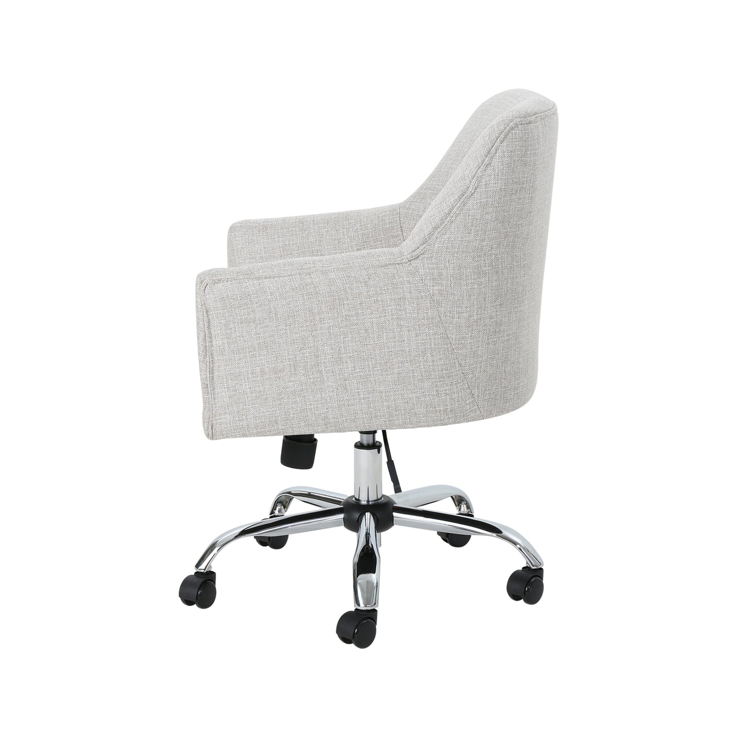 Light grey fabric ergonomic office chair with chrome base and casters