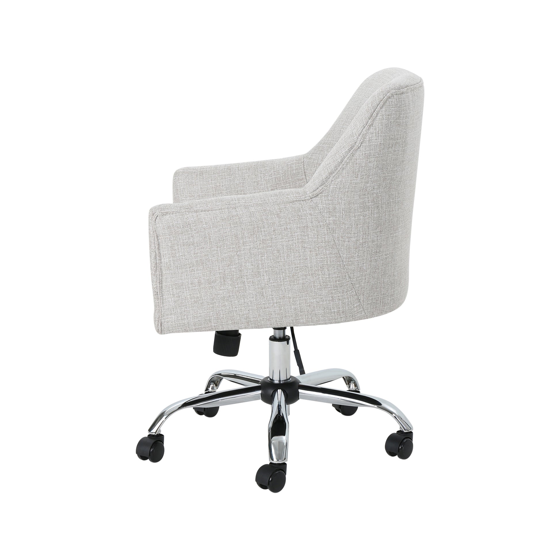 Light grey fabric ergonomic office chair with chrome base and casters