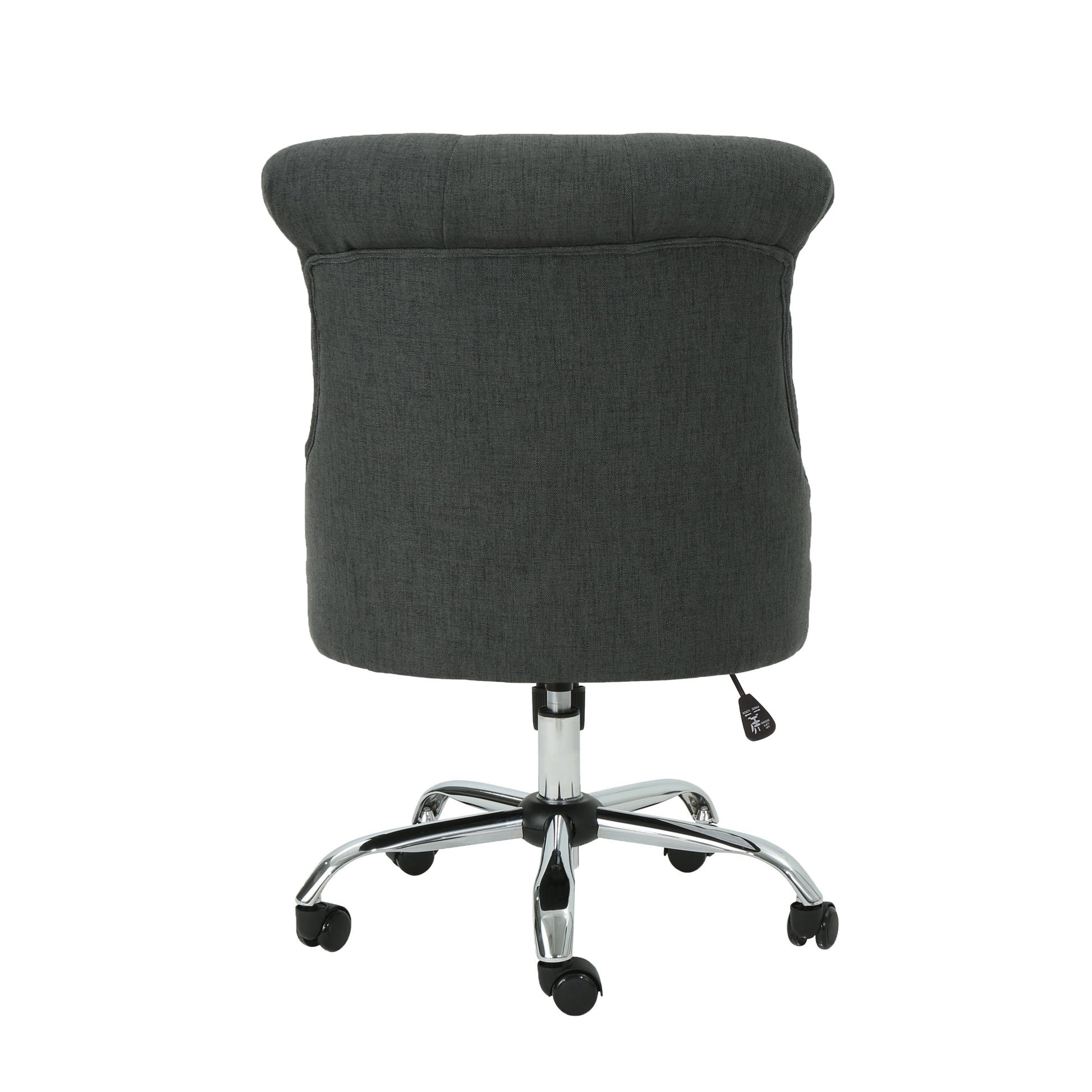 Dark gray upholstered office chair back view with chrome base and casters