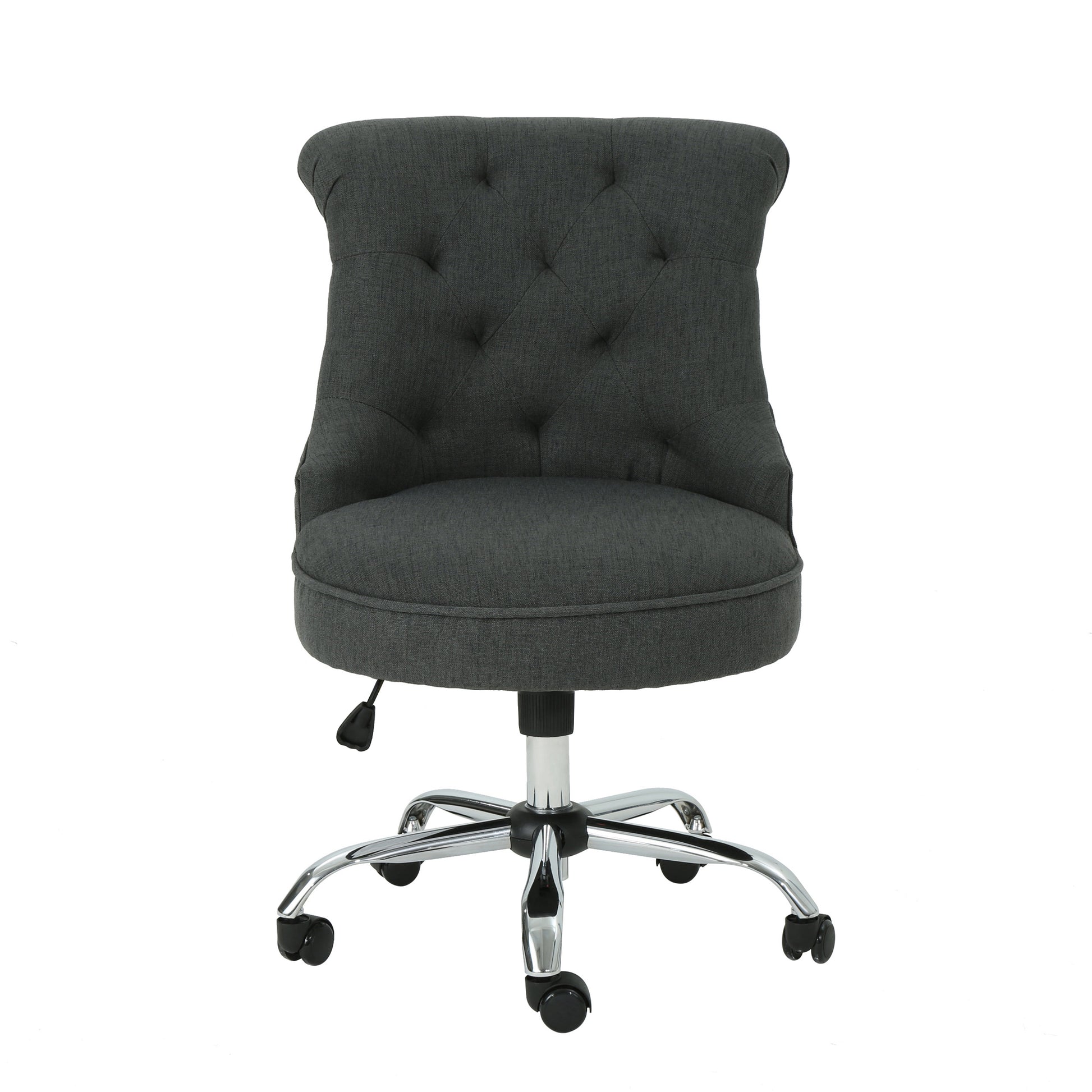 Dark grey tufted office chair with chrome base and wheels