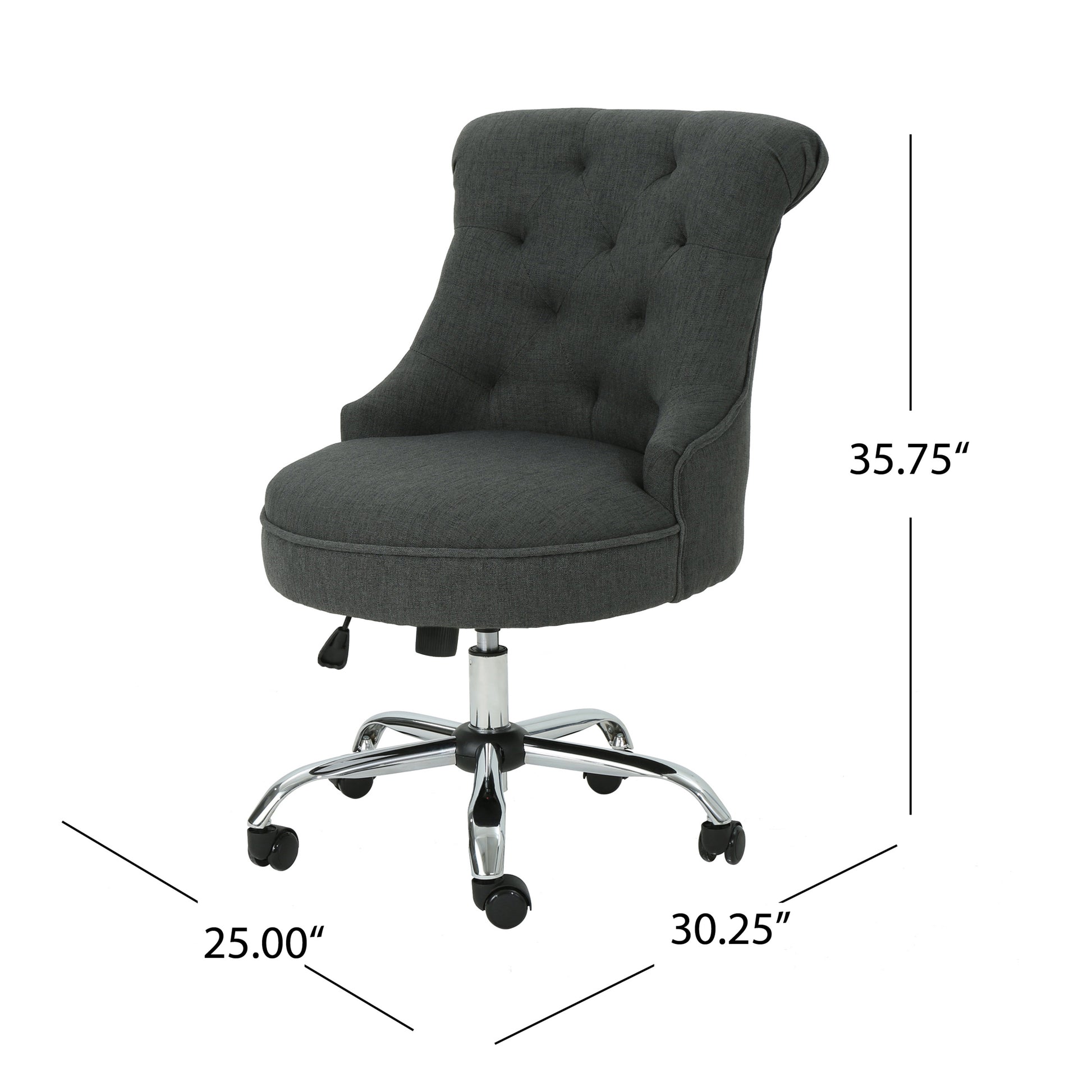 Dark grey tufted fabric desk chair with chrome base and wheels