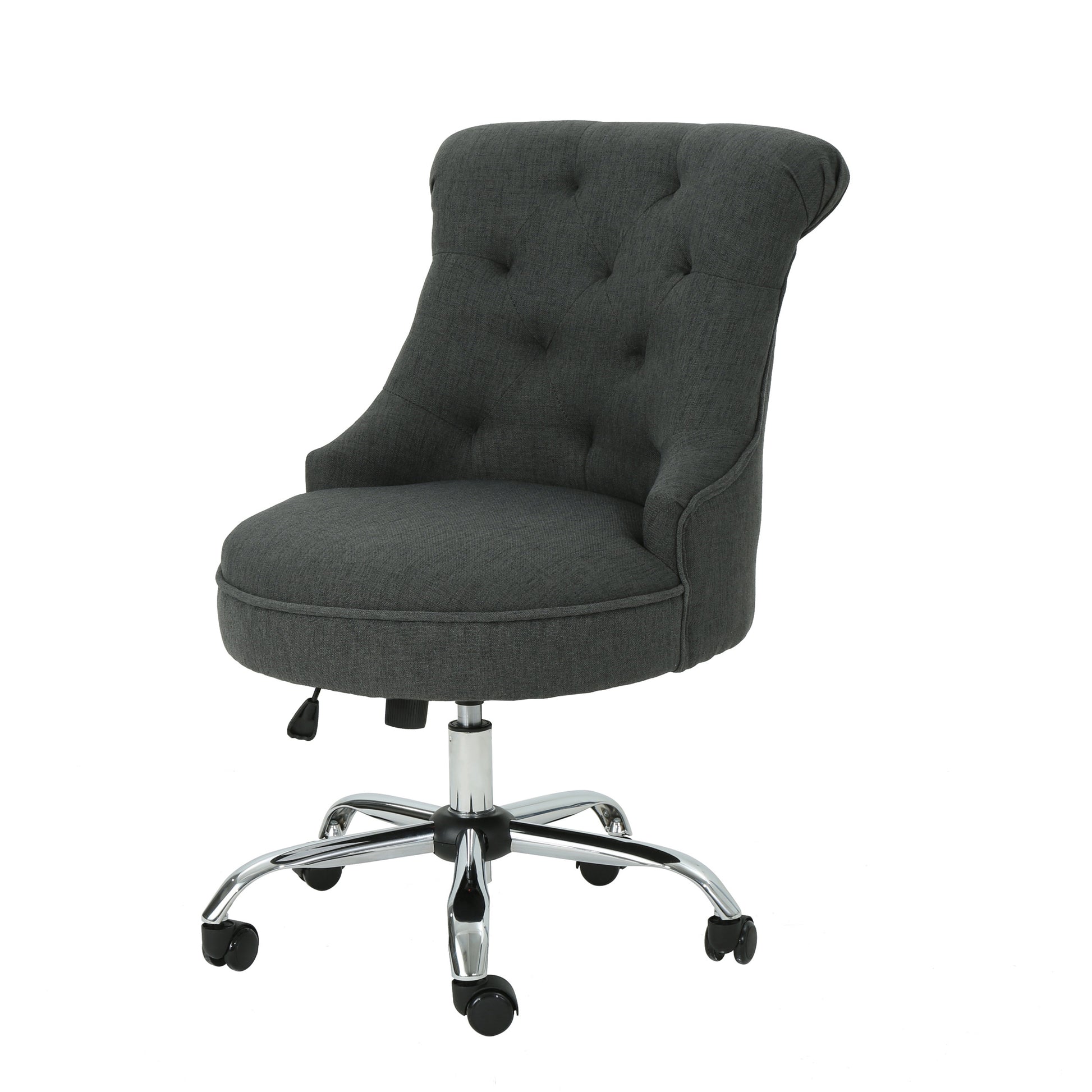 Dark grey tufted fabric office chair with chrome base and wheels