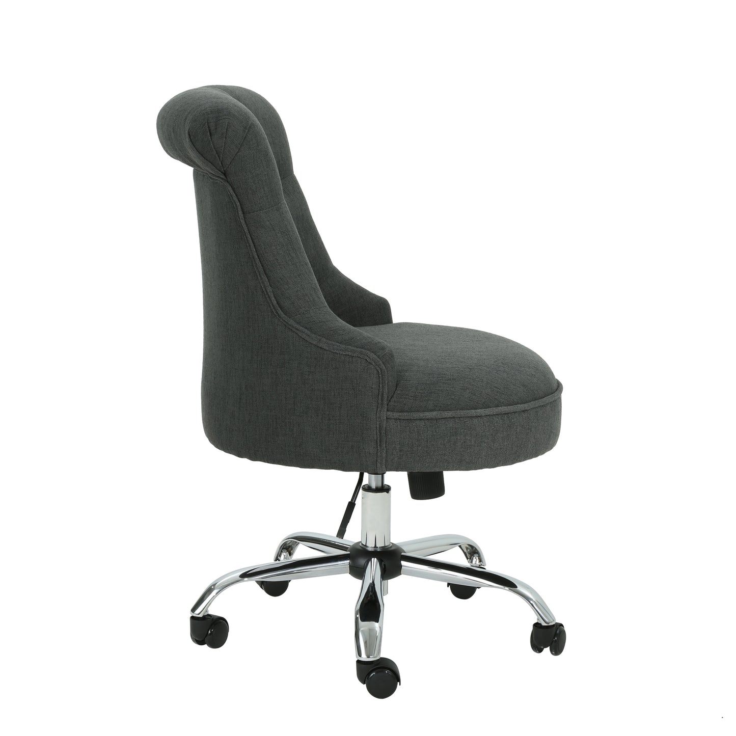 Dark grey upholstered tufted office chair with silver chrome base and wheels