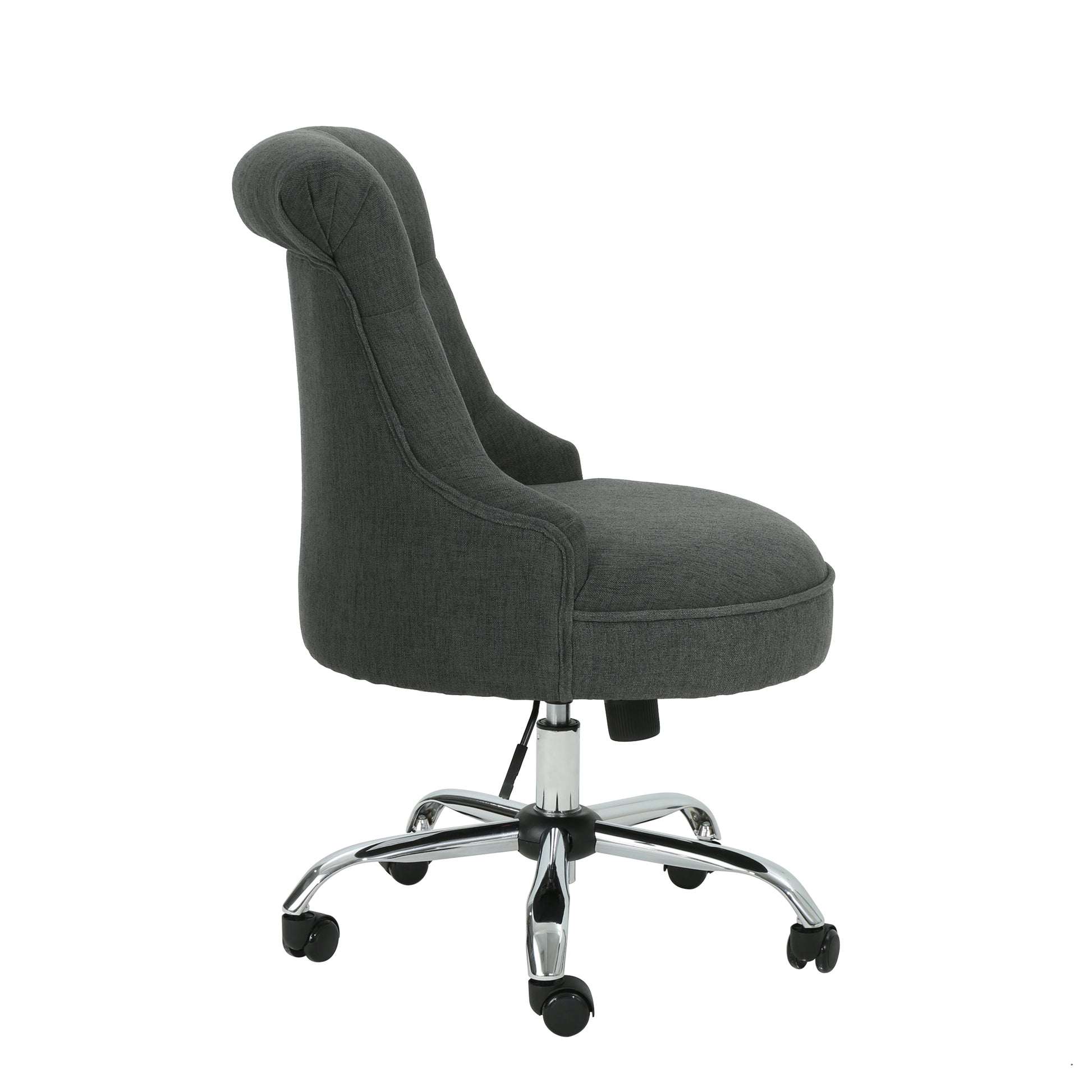 Dark grey upholstered tufted office chair with silver chrome base and wheels