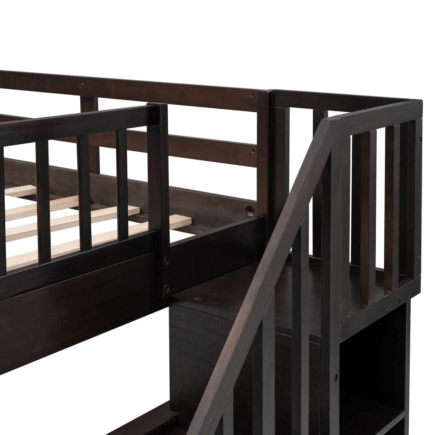 Dark wood loft bed with integrated stairs and storage