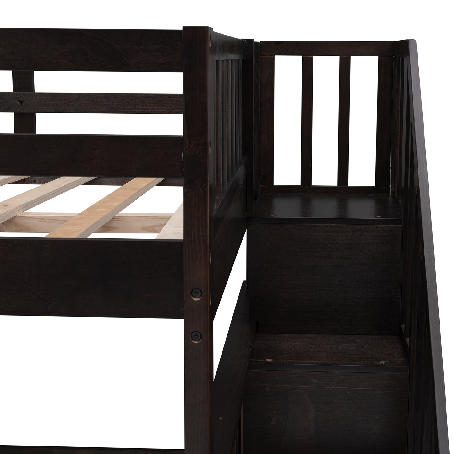 Dark brown wooden bunk bed with integrated storage steps