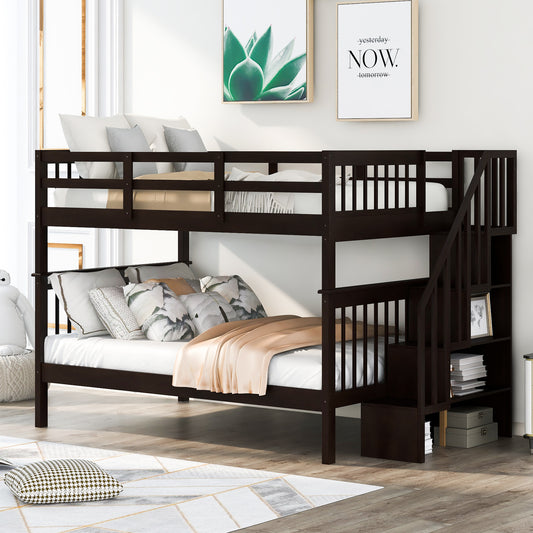 Dark wood bunk bed with stairs and storage