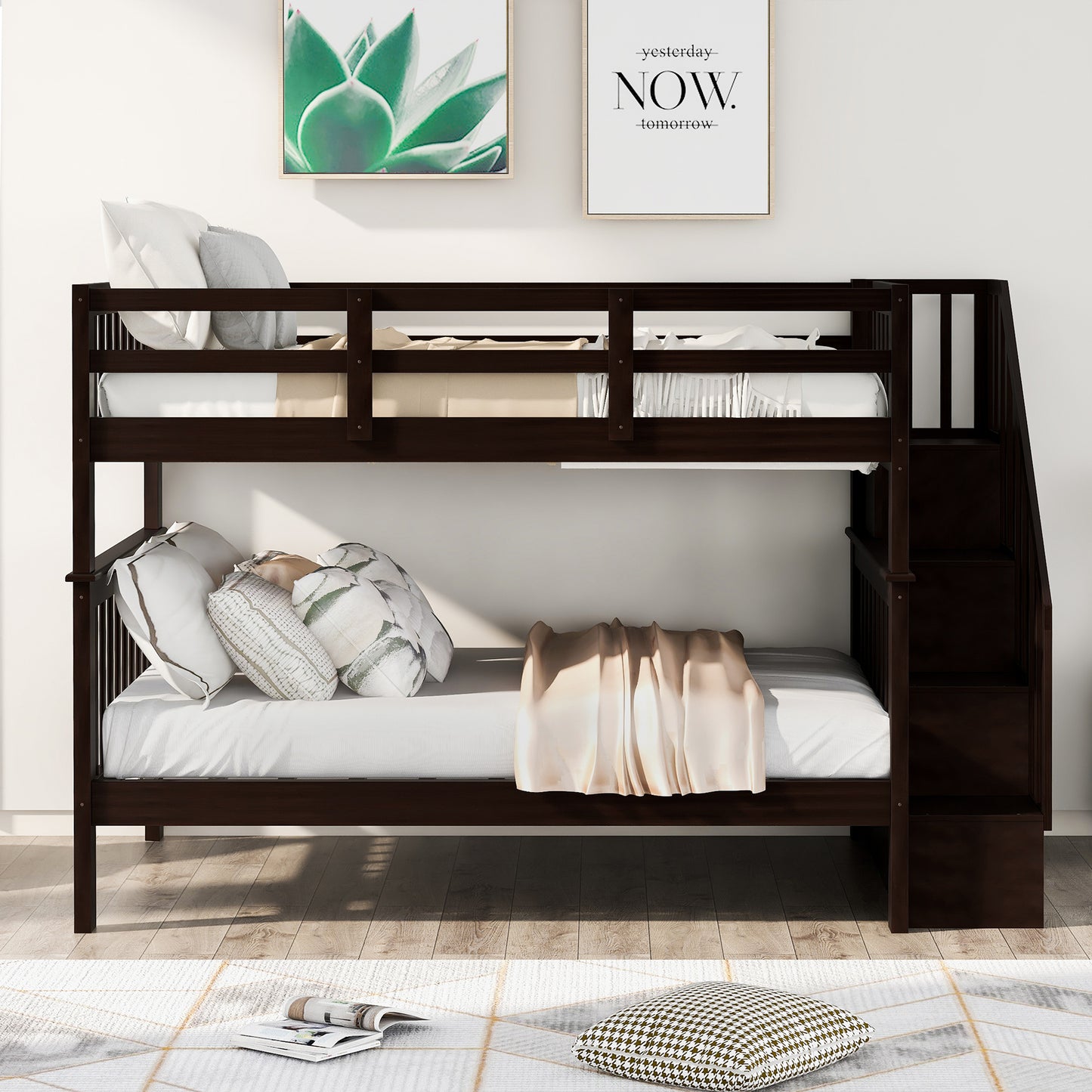 Dark wood bunk bed with stairs