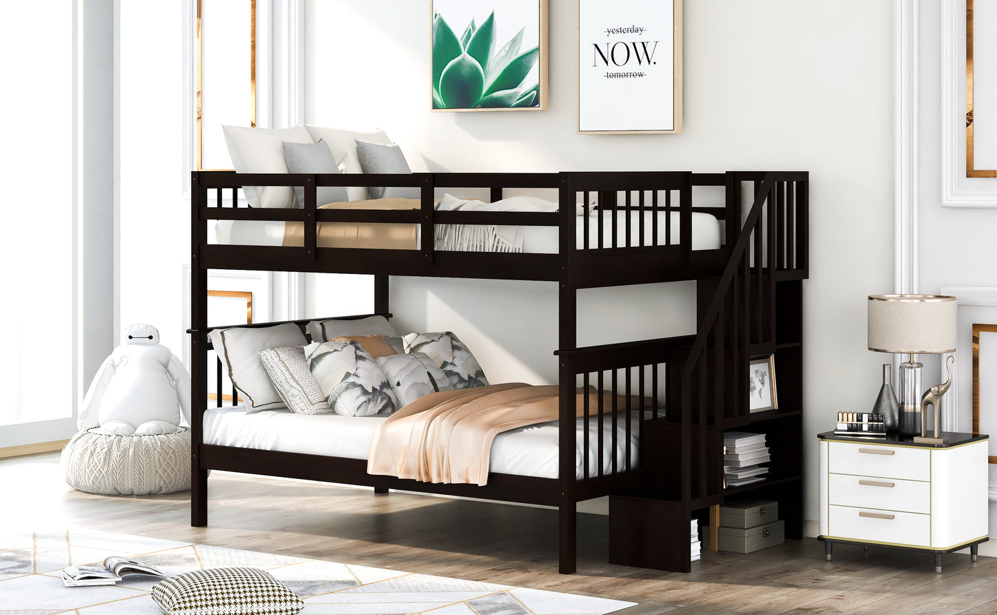 Dark brown wooden bunk bed with stairs for childrens room