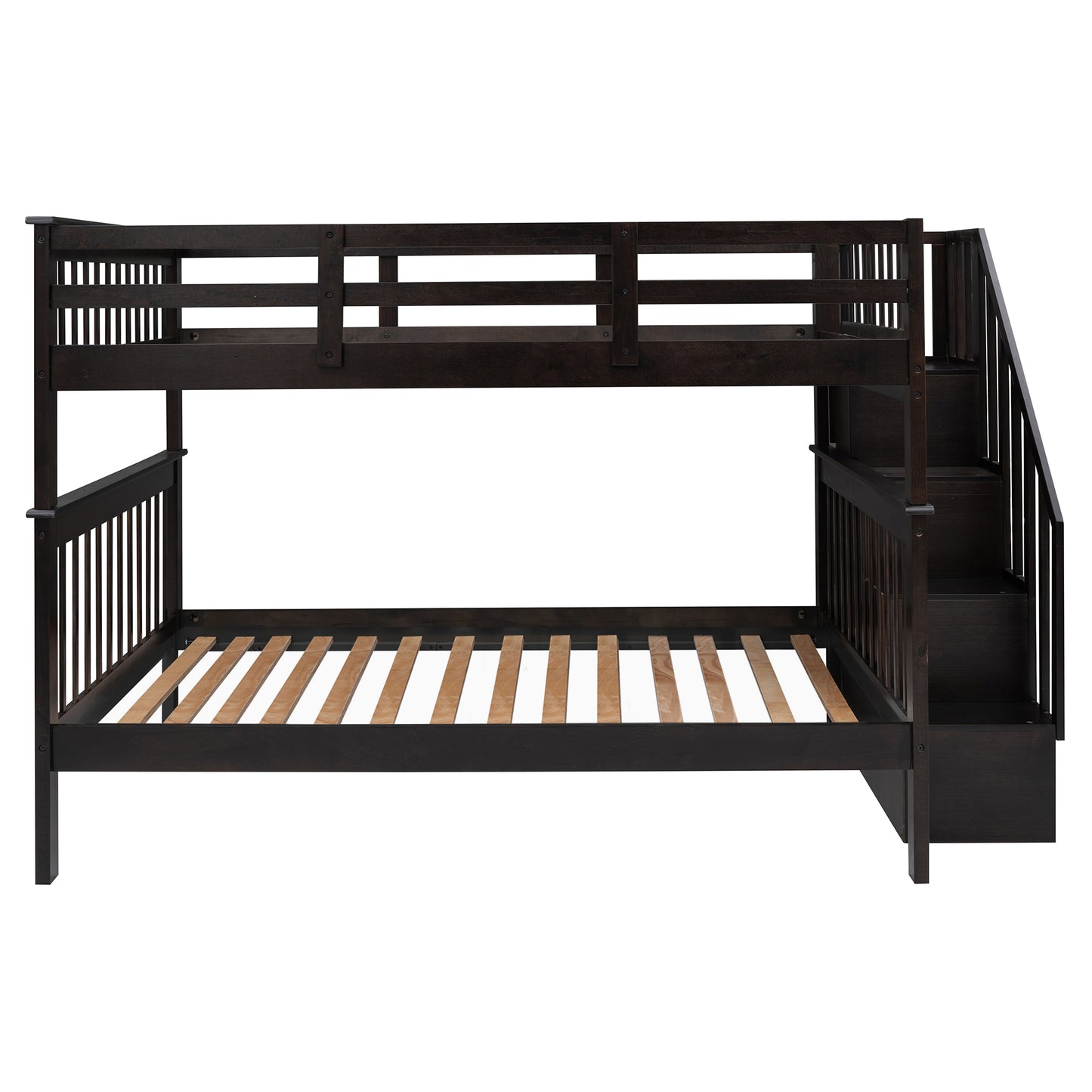 Dark espresso wooden bunk bed with stairs and slatted base