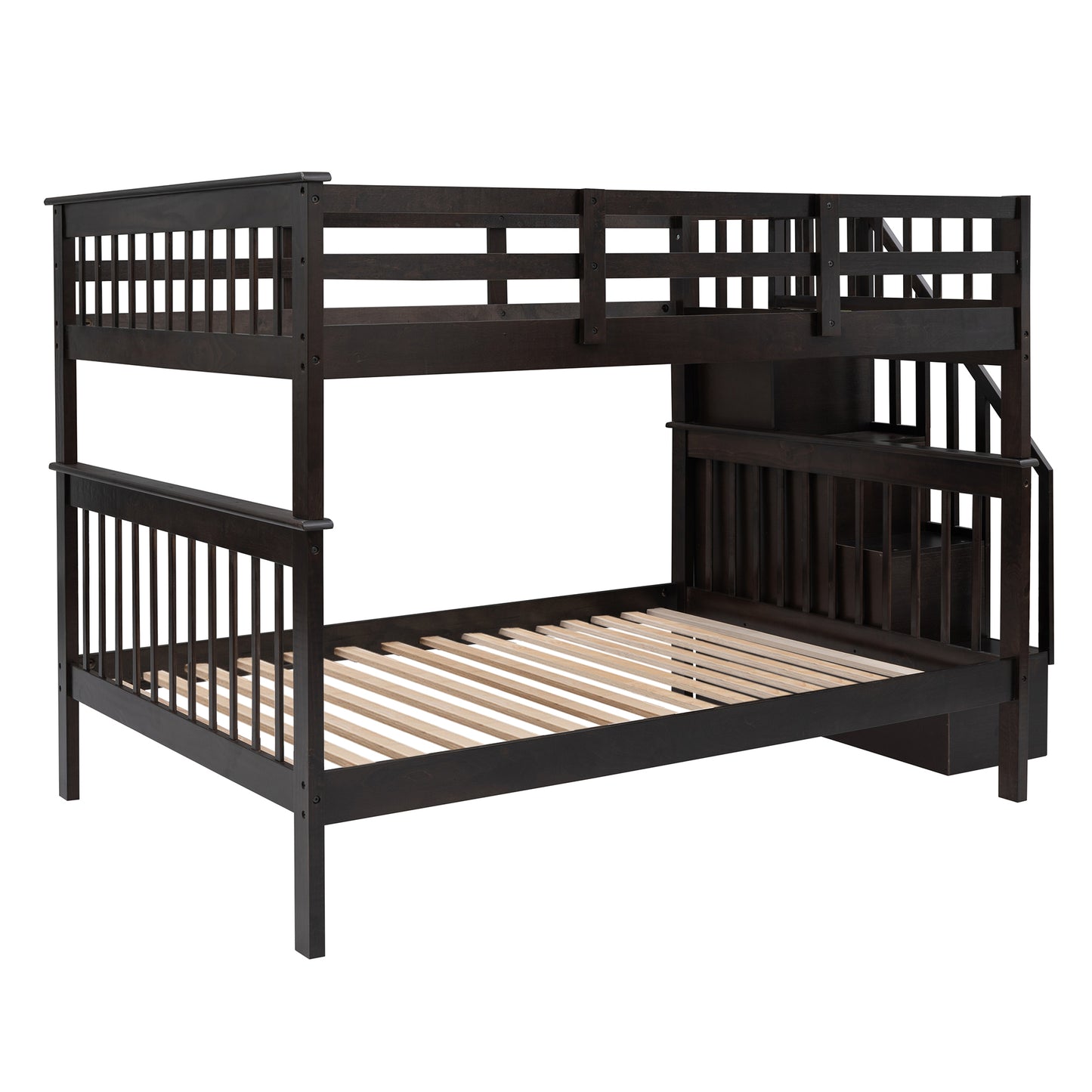 Dark wood bunk bed with stairs and slatted bases ideal for kids rooms