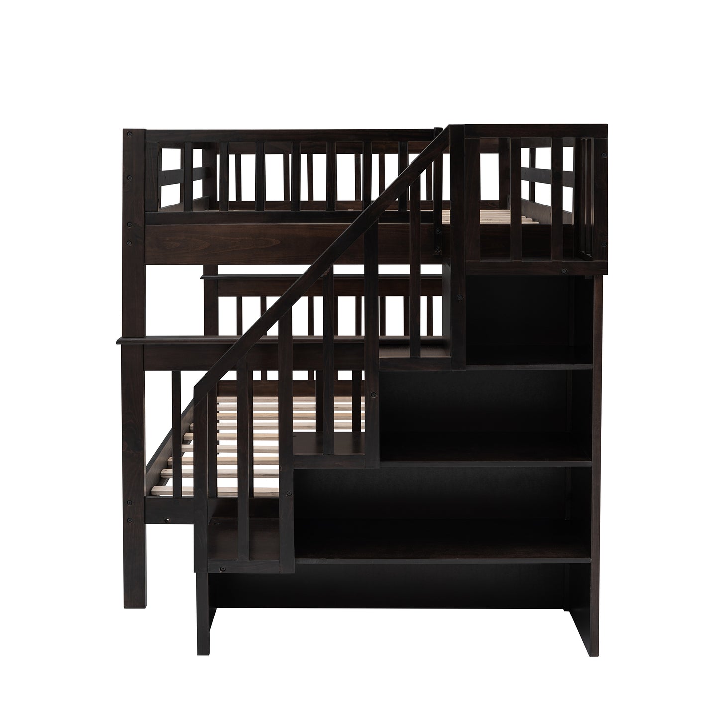 Dark wood bunk bed with integrated stairs and shelving unit for kids