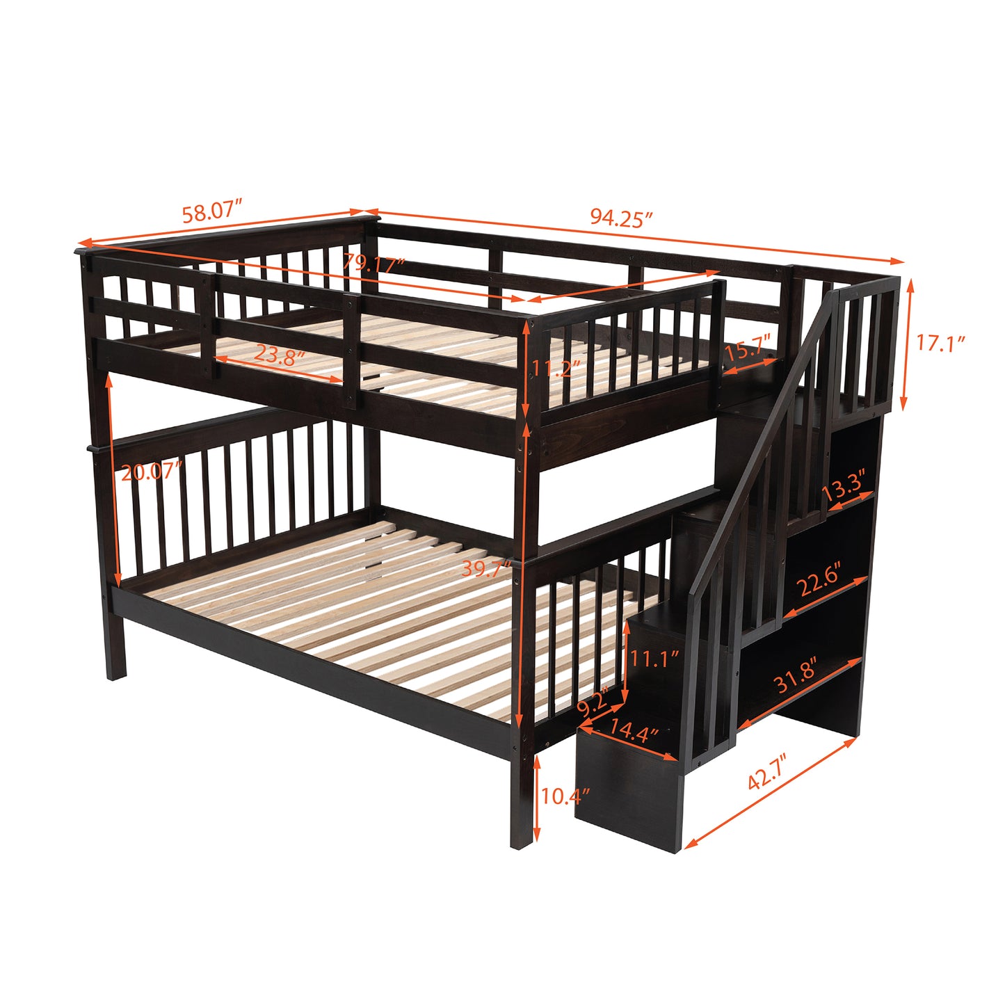 Dark brown wooden twin over twin bunk bed with builtin staircase storage