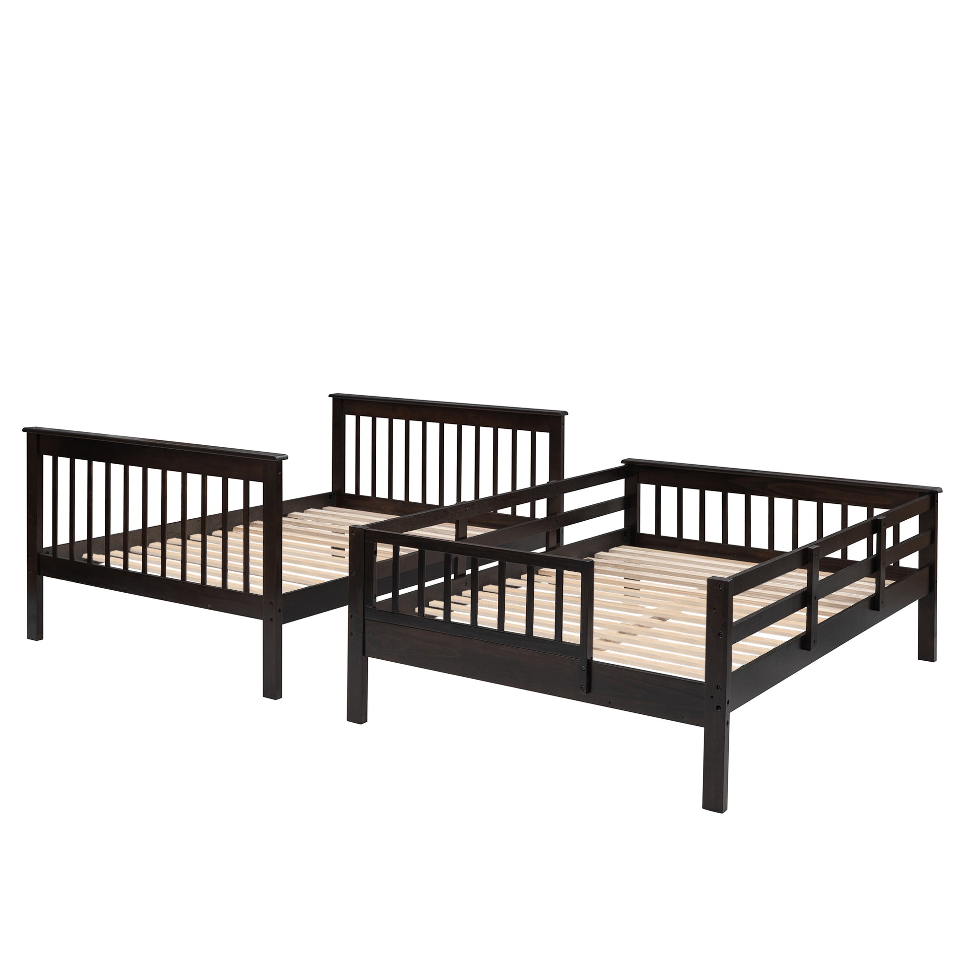 Dark brown wooden twin bed frame with slatted headboard and footboard