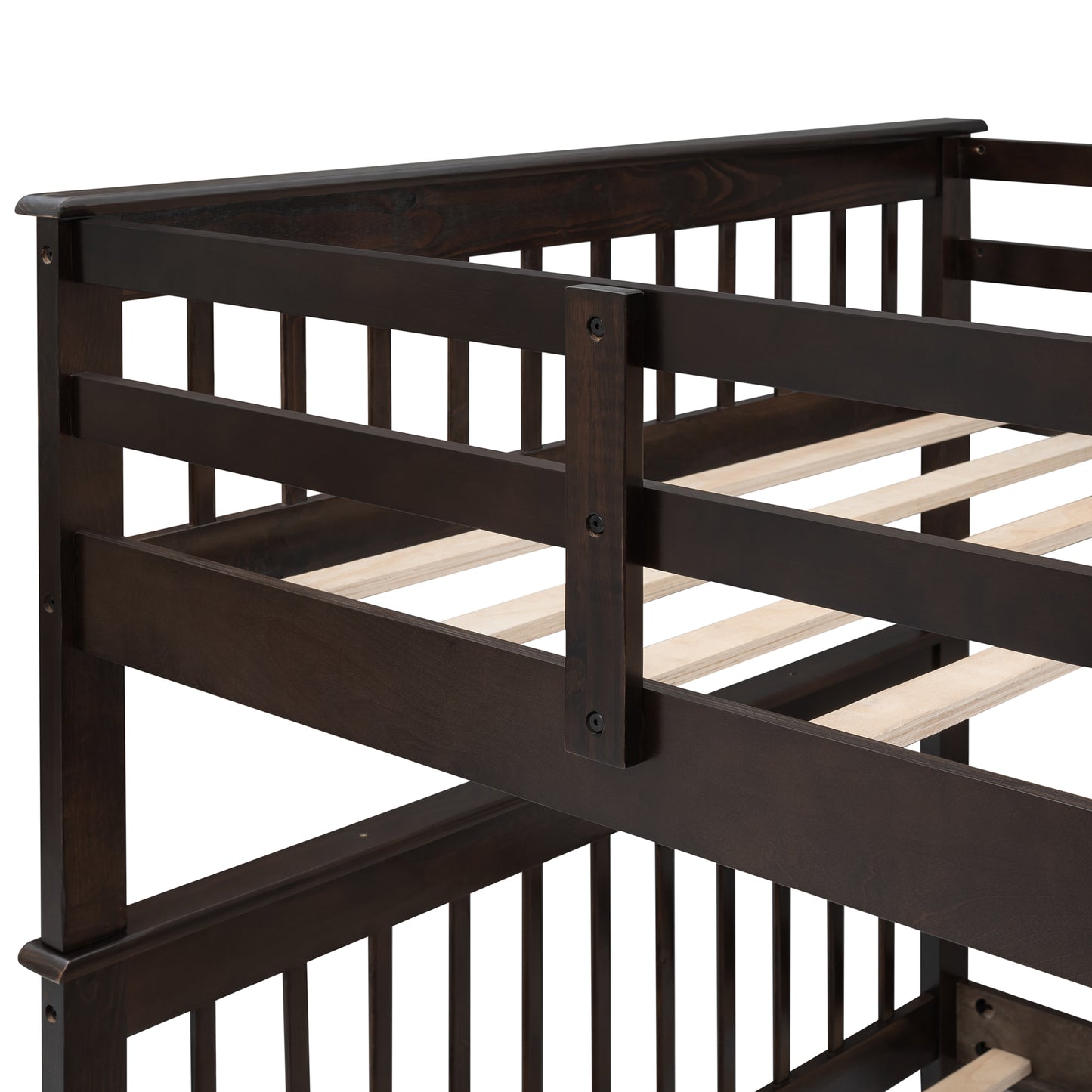 Dark wood bunk bed frame with visible slatted base