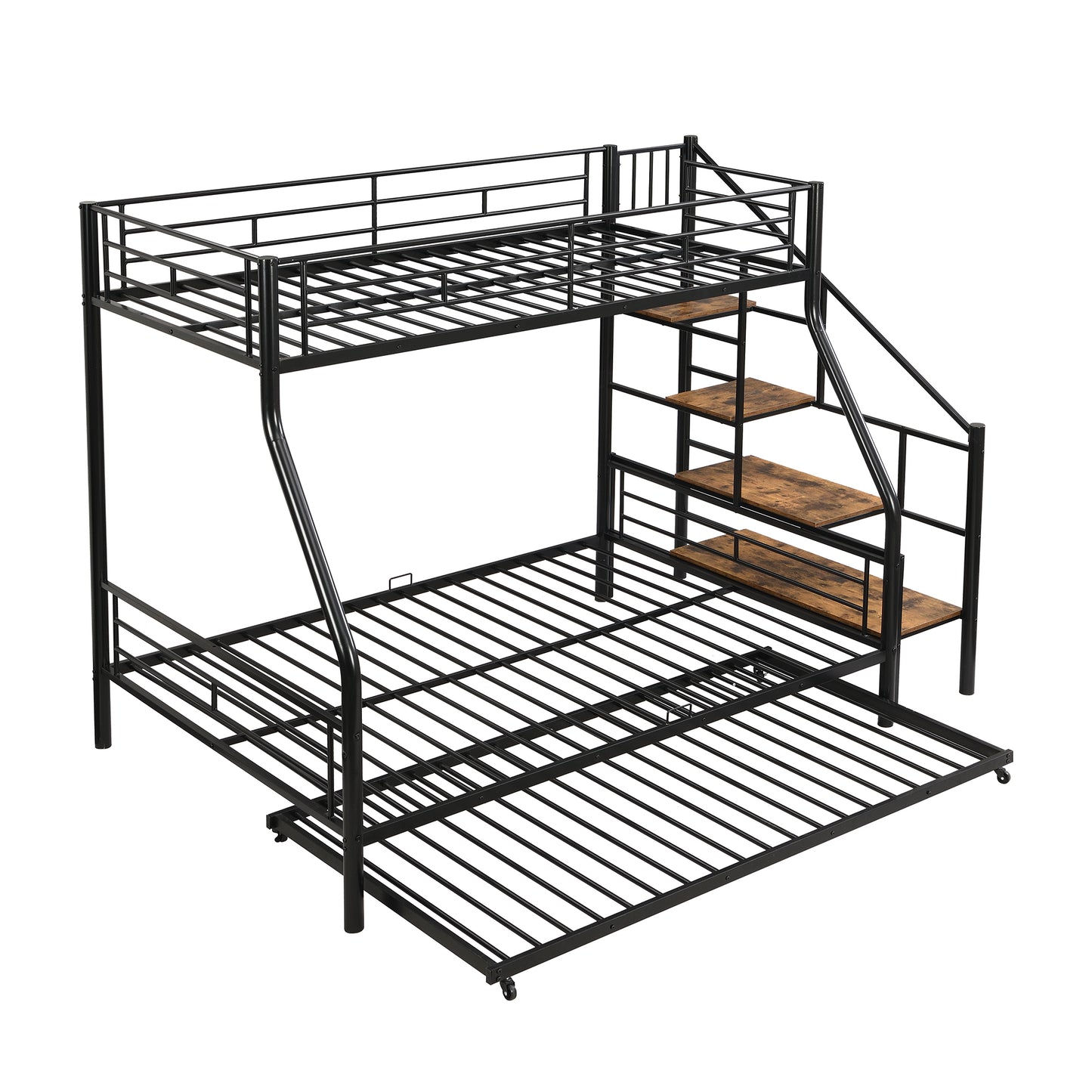 Black metal triple bunk bed with integrated stairs and woodlook shelves