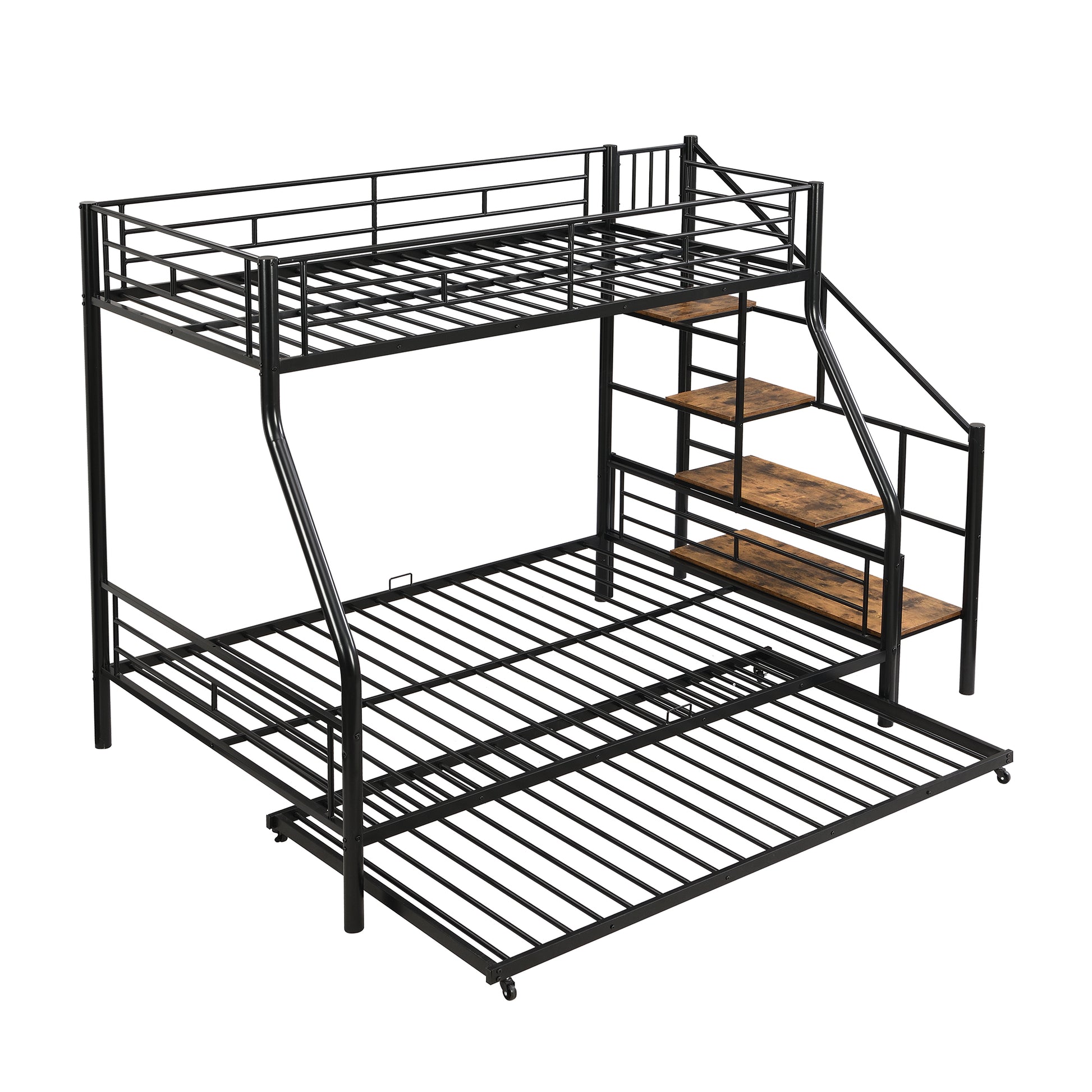 Black metal triple bunk bed with integrated stairs and woodlook shelves