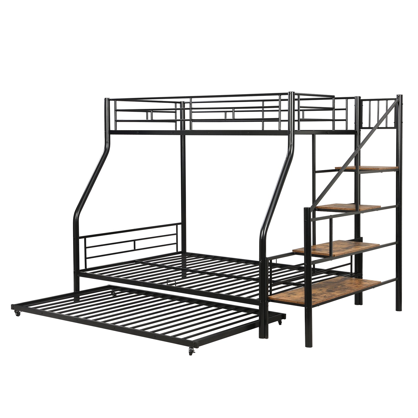 Black metal triple bunk bed with stairs and trundle