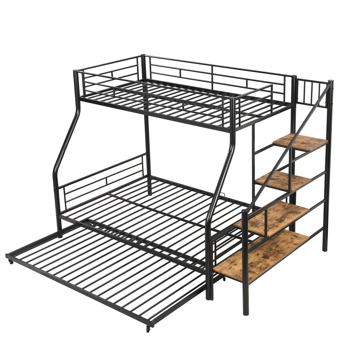Black metal triple bunk bed with pullout trundle and wood shelves