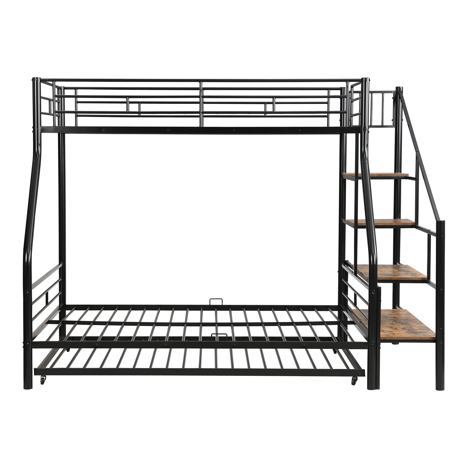 Black metal bunk bed with stairs and wooden steps