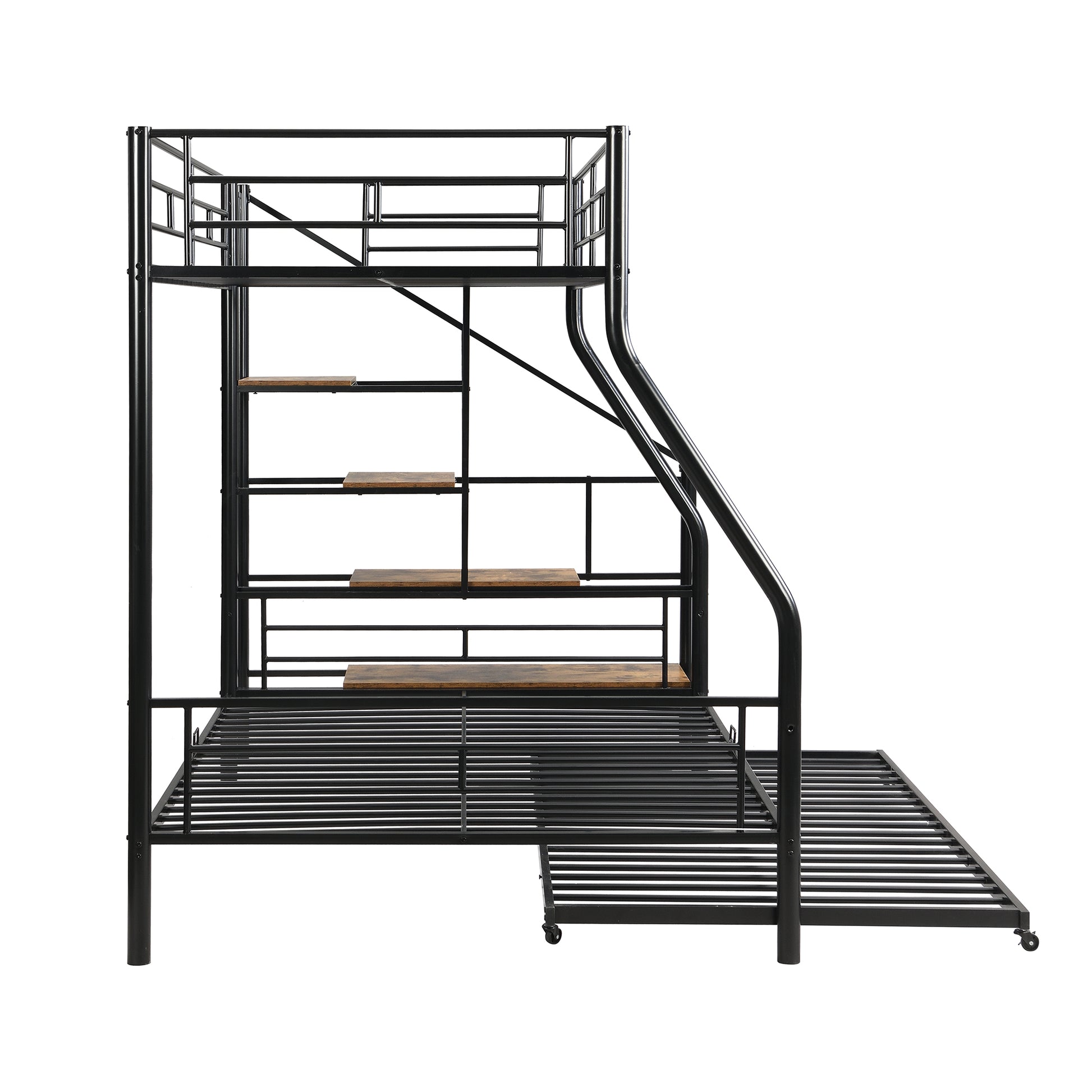 Black metal triple bunk bed with integrated wooden shelves and a pullout trundle